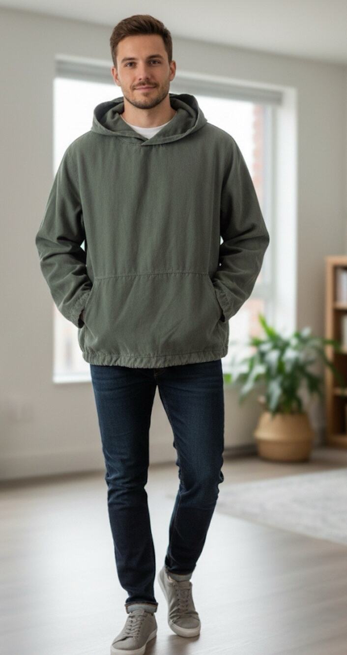 COS Men’s Hoodie Canvas Pullover Streetwear Olive Green Designer Sz Large
